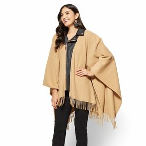 layered faux leather moto poncho camel nwt
